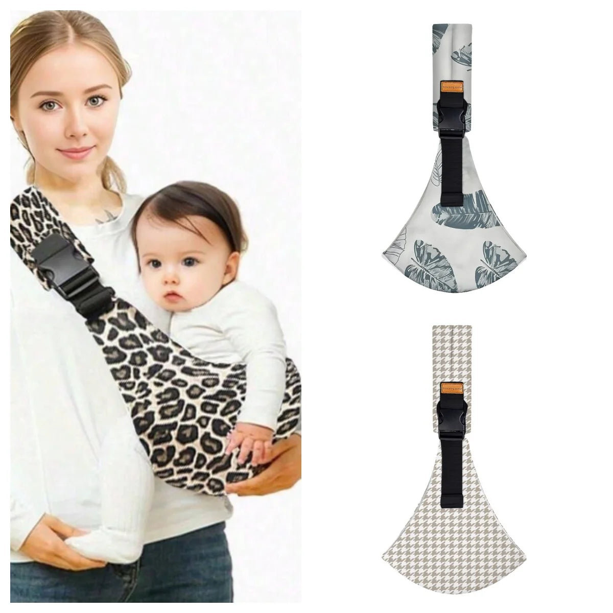 Ergonomic baby sling carrier with non-slip hip seat shown in various views.