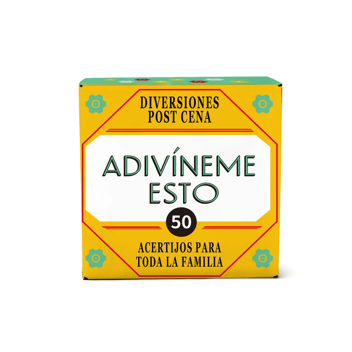 Box of Diversiones Post Cena card game for families and friends with yellow and green design