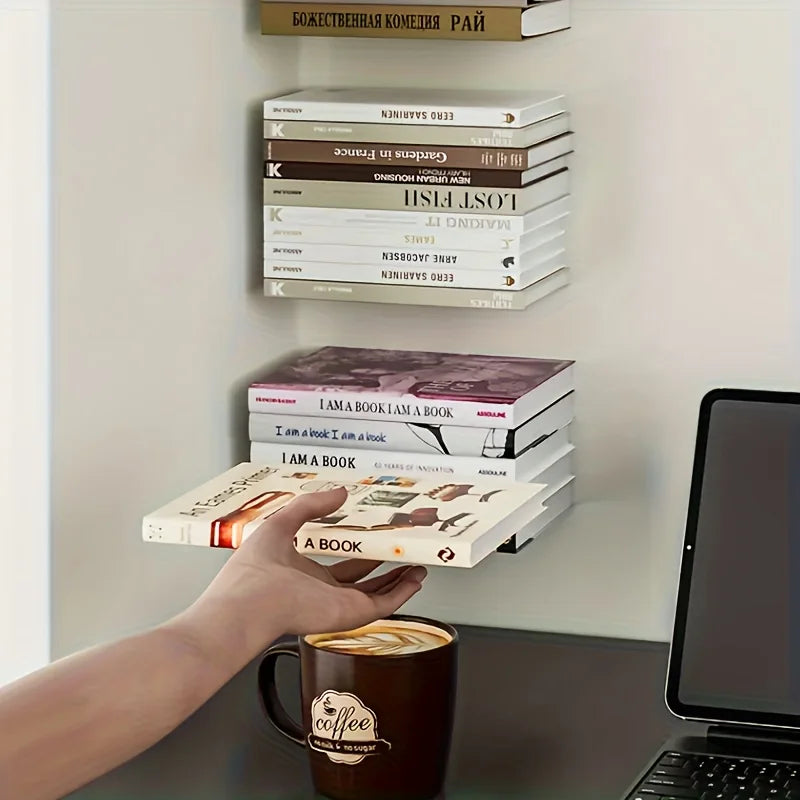 A hand holds a book near a matte black floating bookshelf set of four heavy-duty wall-mounted storage boxes.