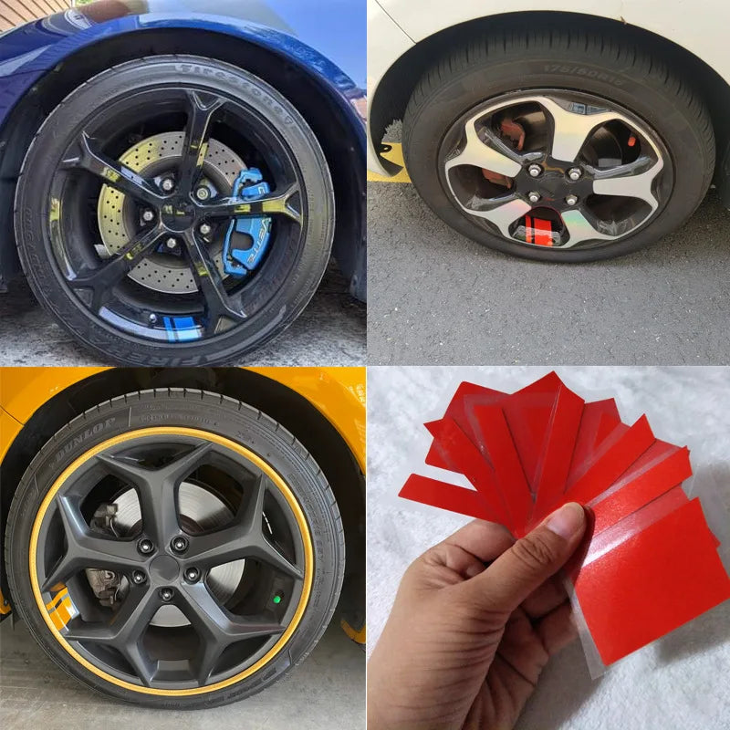 A set of six reflective wheel hub stickers for automotive wheels.