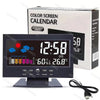 A digital weather station clock showing 12:58, temperature, and humidity, packaged in a box.