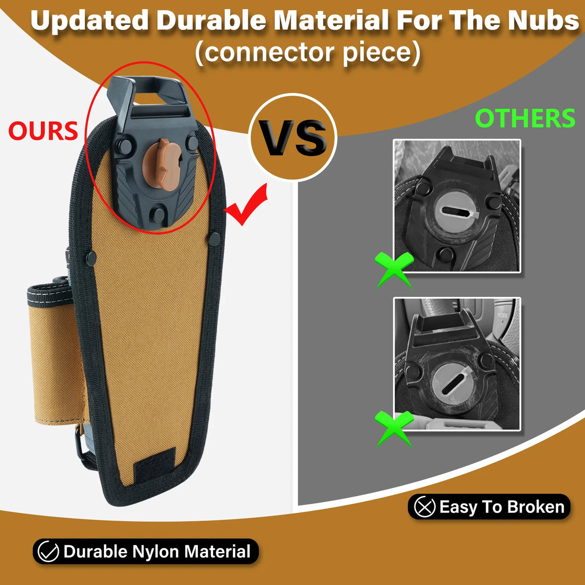 Updated durable material for the nuts connector piece compared to other products.