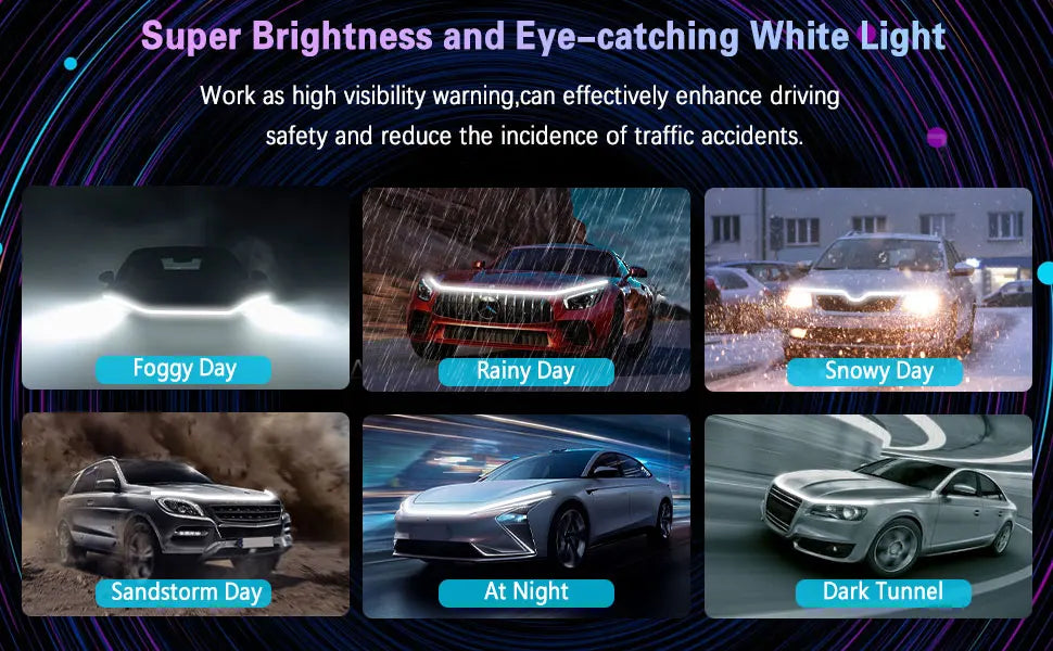 Various driving conditions showing the Super Brightness and Eye-catching White Light of a dynamic car hood LED strip light.