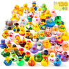 A variety pack of colorful mini rubber ducks in various shapes and colors.
