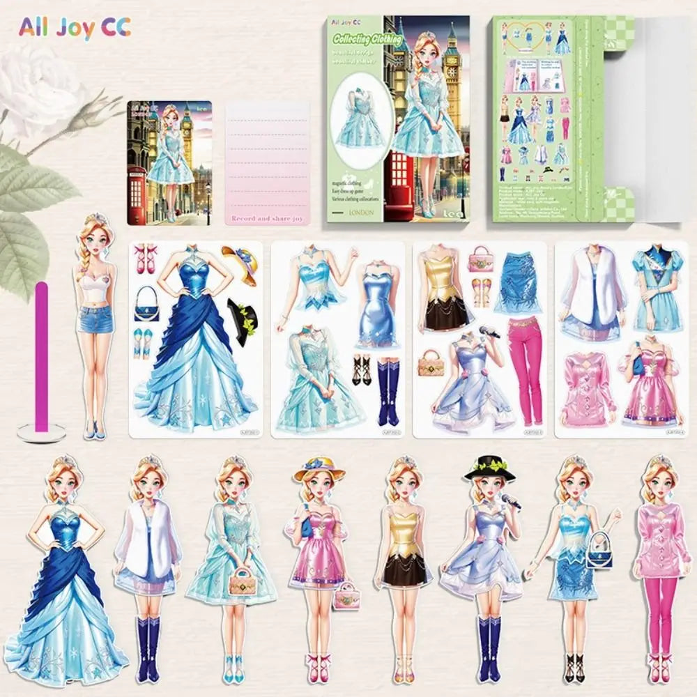 A collection of princess magnetic dress-up playsets featuring various dresses and accessories for children.