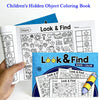 A hand holds an open children's coloring book titled Look & Find with various hidden objects for kids