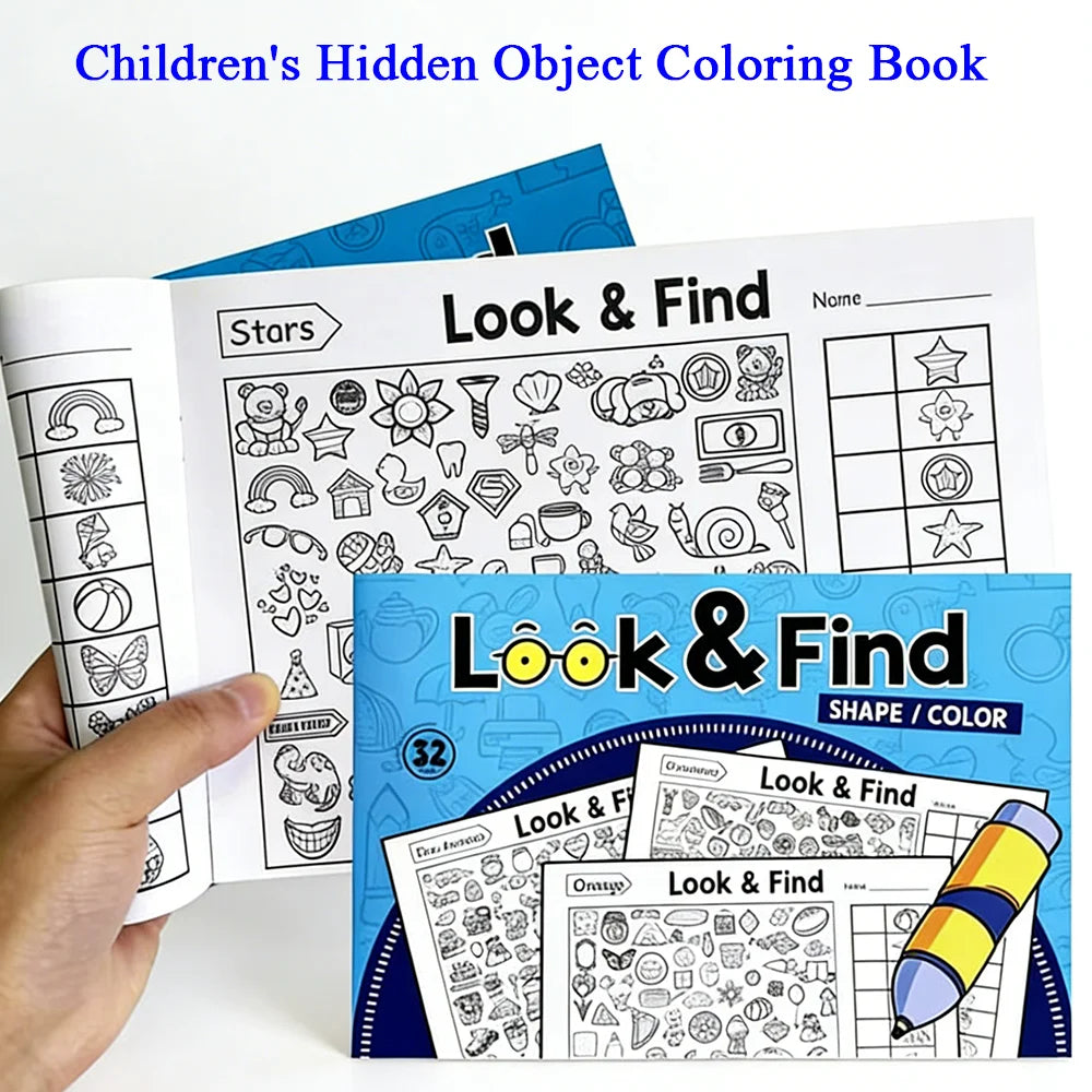 A hand holds an open children's coloring book titled Look & Find with various hidden objects for kids