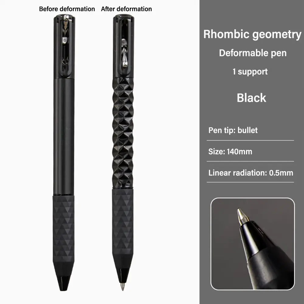 Black rhombic geometry deformable pen with a bullet tip shown before and after deformation.