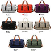 A collection of large capacity water-resistant travel duffle bags in various colors including light gray, bright orange, purp