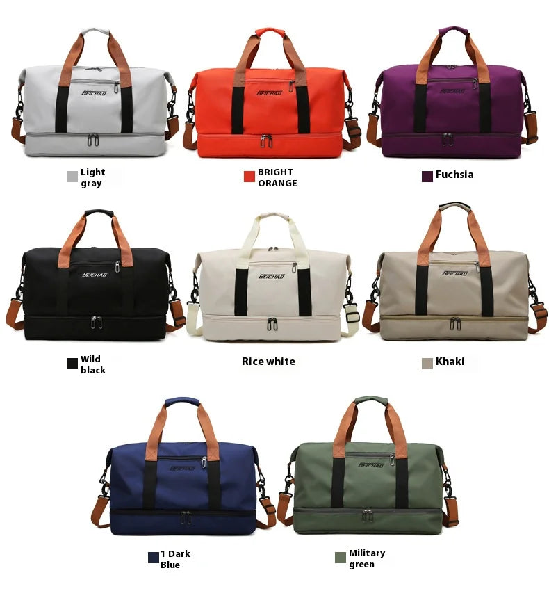 A collection of large capacity water-resistant travel duffle bags in various colors including light gray, bright orange, purp