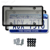 A pair of black tinted license plate protectors with a New York Empire State design and mounting hardware.