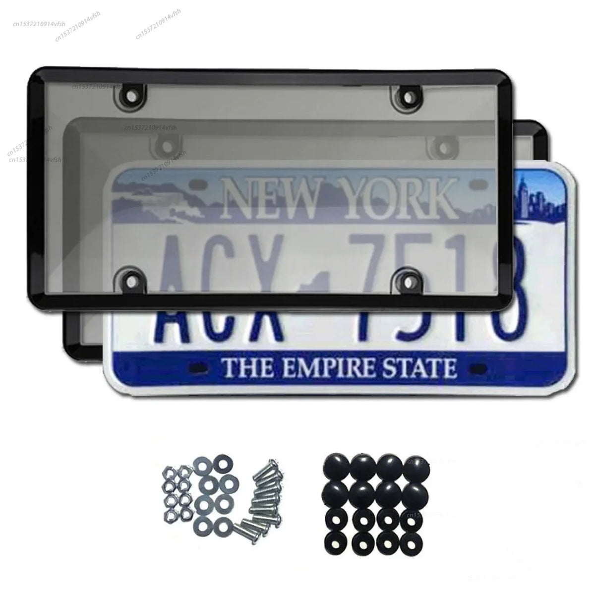 A pair of black tinted license plate protectors with a New York Empire State design and mounting hardware.