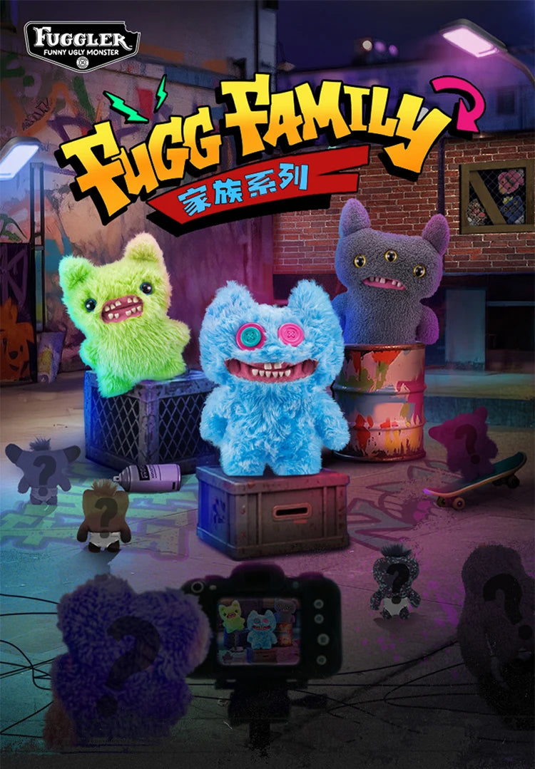 A colorful illustration of the Fugg Family monster plush toys, including a green, blue, and purple stuffed animal.