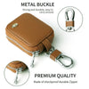 Brown PU leather protective case for earbuds with a metal anti-lost hook and zipper.