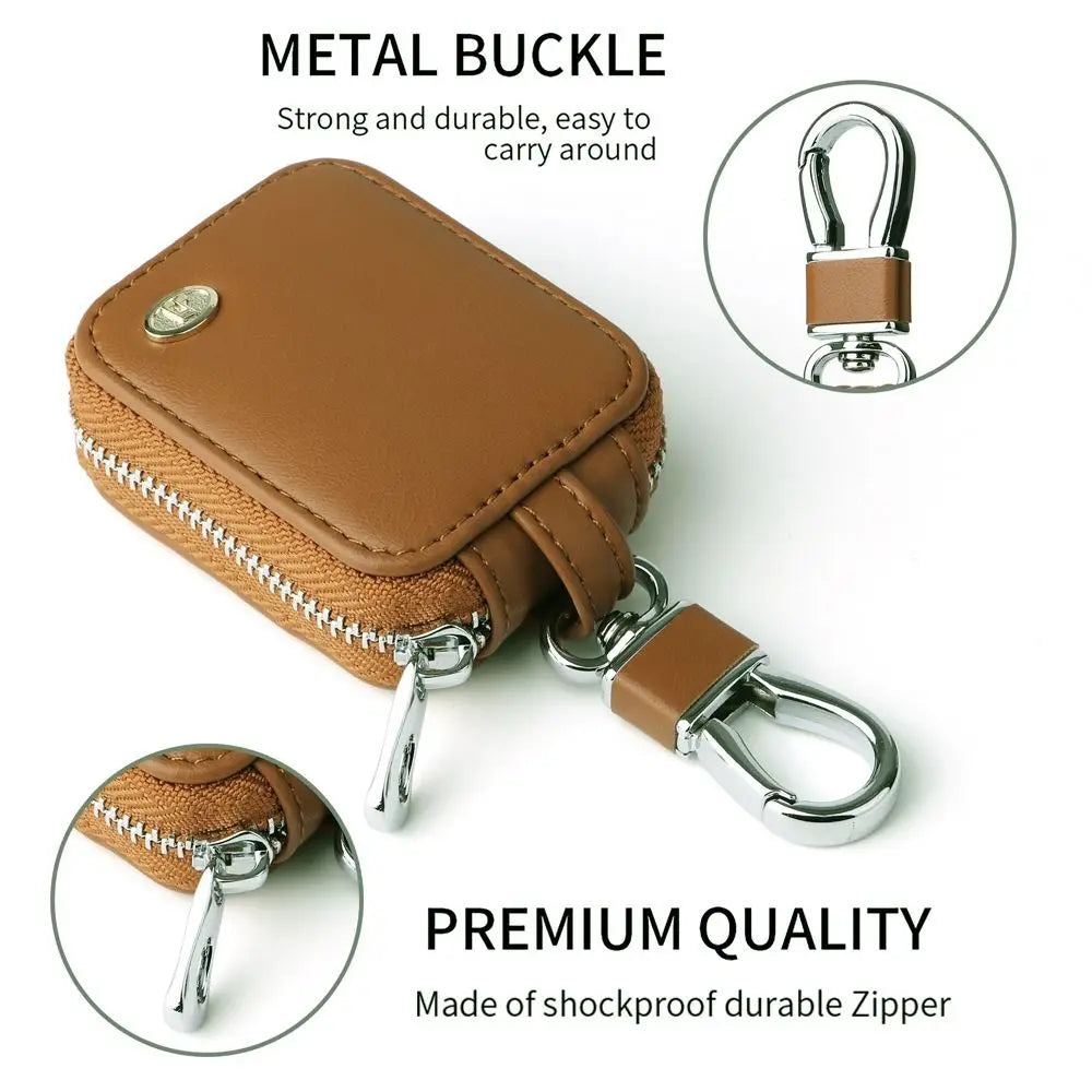 Brown PU leather protective case for earbuds with a metal anti-lost hook and zipper.