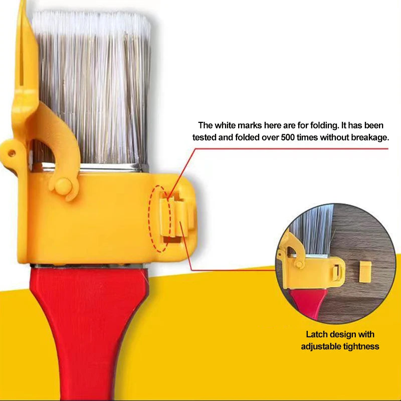 Yellow precision edging paint brush with a red handle and a white marked folding tip for trimming.
