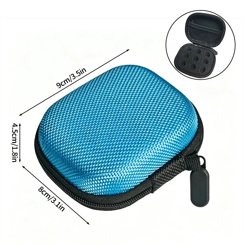 A blue mesh portable storage case for insulin or peptide vials, shown with dimensions and an open view of the interior.