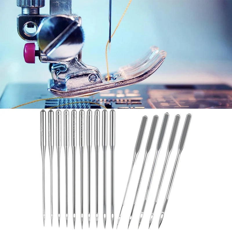 A collection of various sewing machine needles in a multi-pack arrangement.