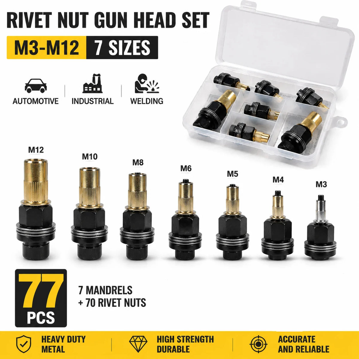 A set of 7 rivet nut gun heads and mandrels for M3 to M12 sizes, including 7 mandrels and 70 rivet nuts.