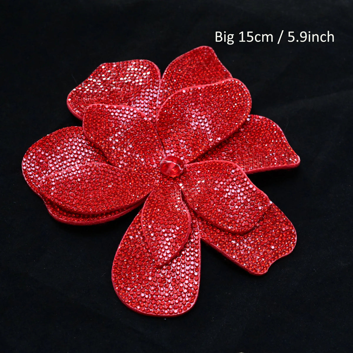 A vibrant red crystal rhinestone flower sew-on patch measuring 15cm or 5.9 inches.