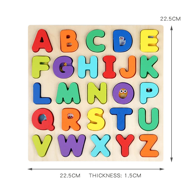A wooden alphabet puzzle featuring colorful letters A through Z cut into geometric shapes for toddlers