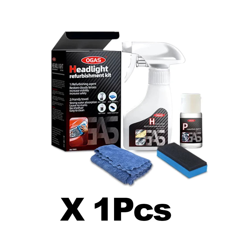 A black box containing a headlight refurbishment kit with lenses, cleaning tools, and polishing pads.