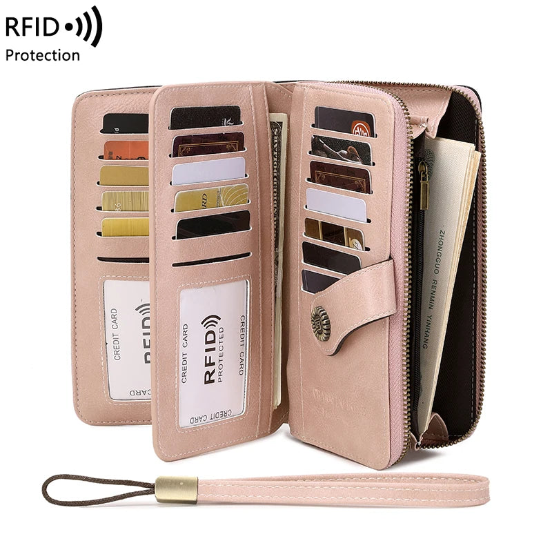 Vintage RFID-Blocking Large Capacity Wallet with Wrist Strap