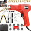 Red plastic welding gun kit showing various tools including a hot stapler, pliers, and wire cutters.