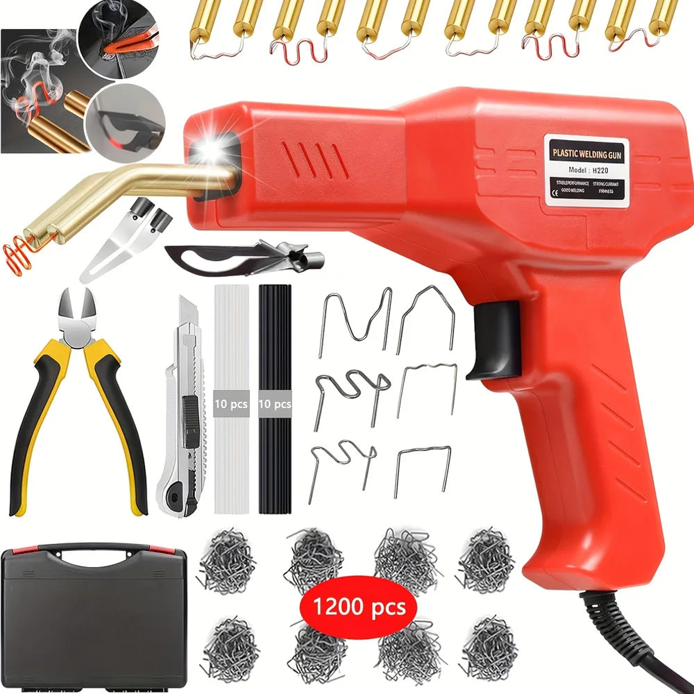 Red plastic welding gun kit showing various tools including a hot stapler, pliers, and wire cutters.