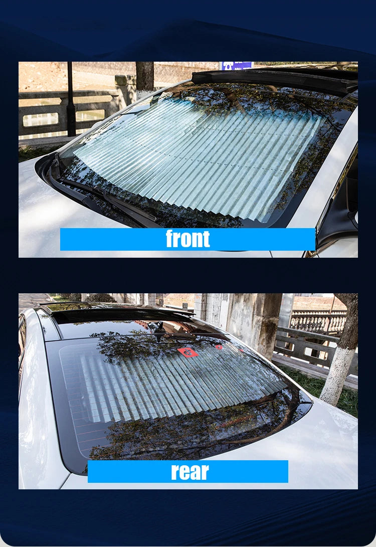 Two views of a retractable car windshield sunshade, showing the front and rear installation.