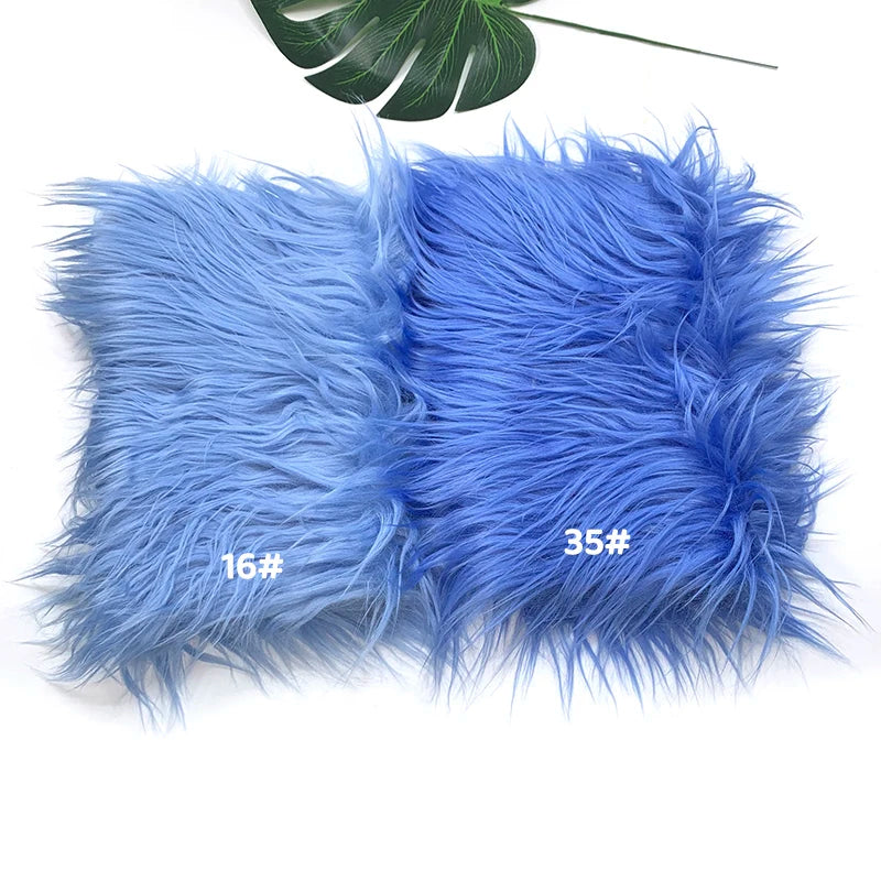 Two bundles of bright blue faux fur fabric labeled 16# and 35# for DIY sewing projects