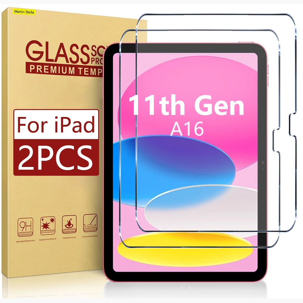 A box for a glass screen protector for an iPad 11th Gen A16 with two protectors shown next to the device.