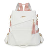A white vegan leather backpack with pink accents and a laptop compartment.