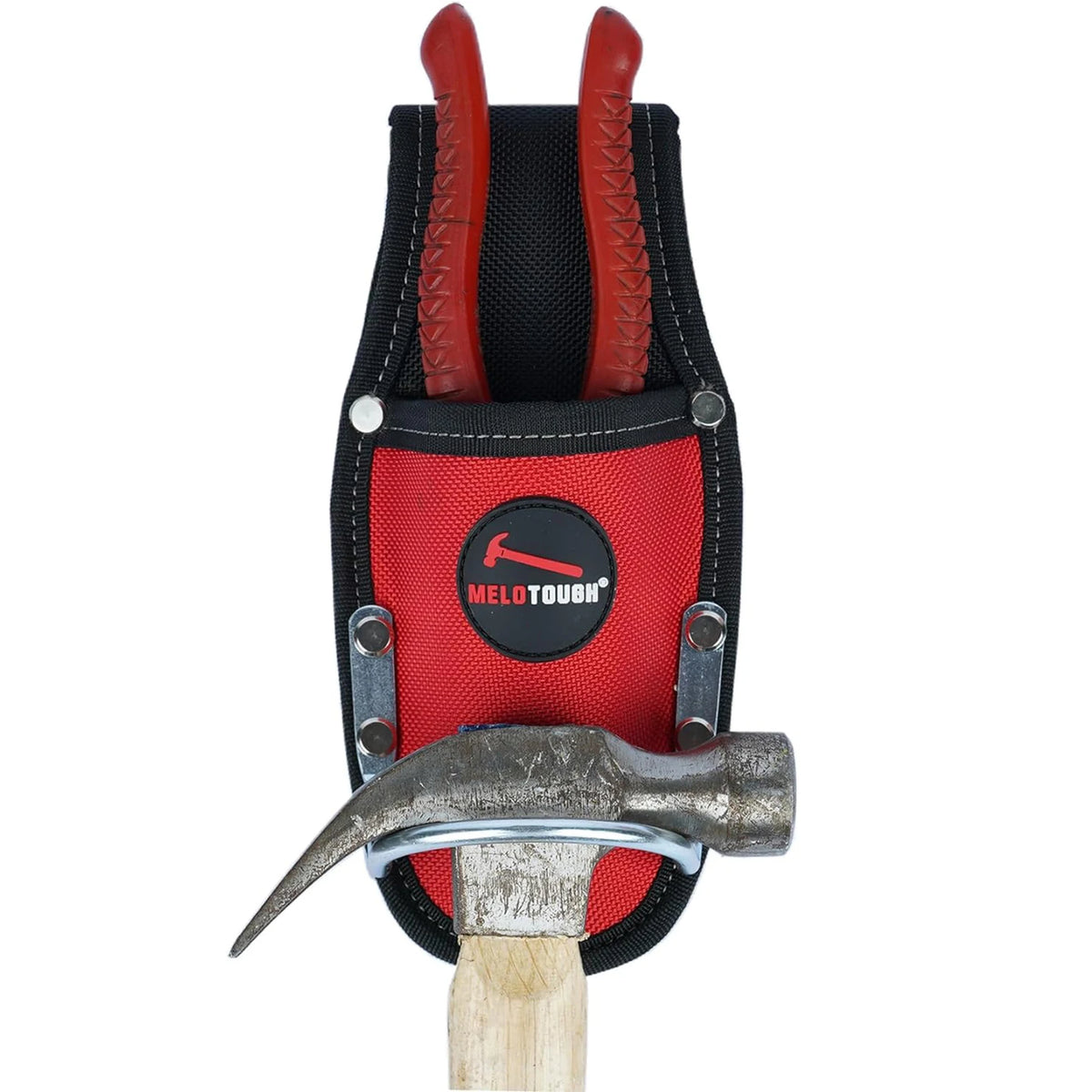 A heavy-duty plier holster with a hammer loop is shown, featuring red and black components.