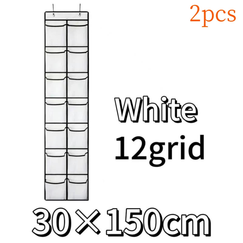White 12grid over-the-door mesh shoe organizer with 30x150cm dimensions, sold in a pair.