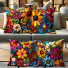 A set of colorful floral print decorative pillows featuring vibrant flowers in yellow, orange, pink, and purple hues.
