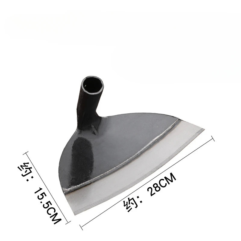 A black manganese steel garden hoe with a wide blade and a narrow handle, shown from the side.