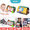 High-contrast crinkle cloth book with tummy time mirror for babies shown next to a baby and product details.