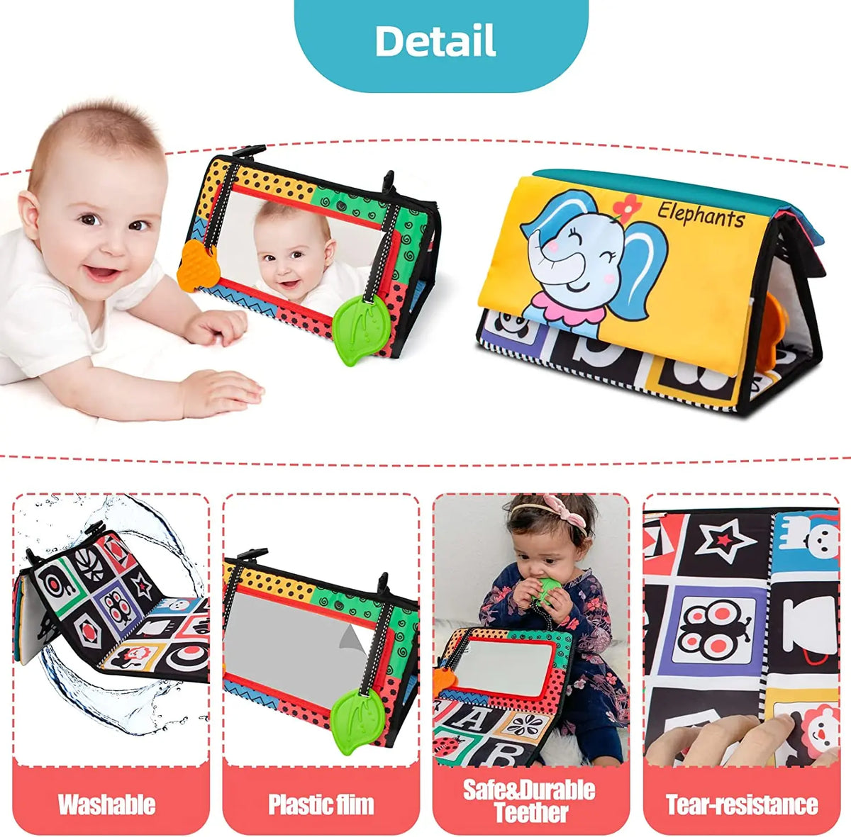 High-contrast crinkle cloth book with tummy time mirror for babies shown next to a baby and product details.