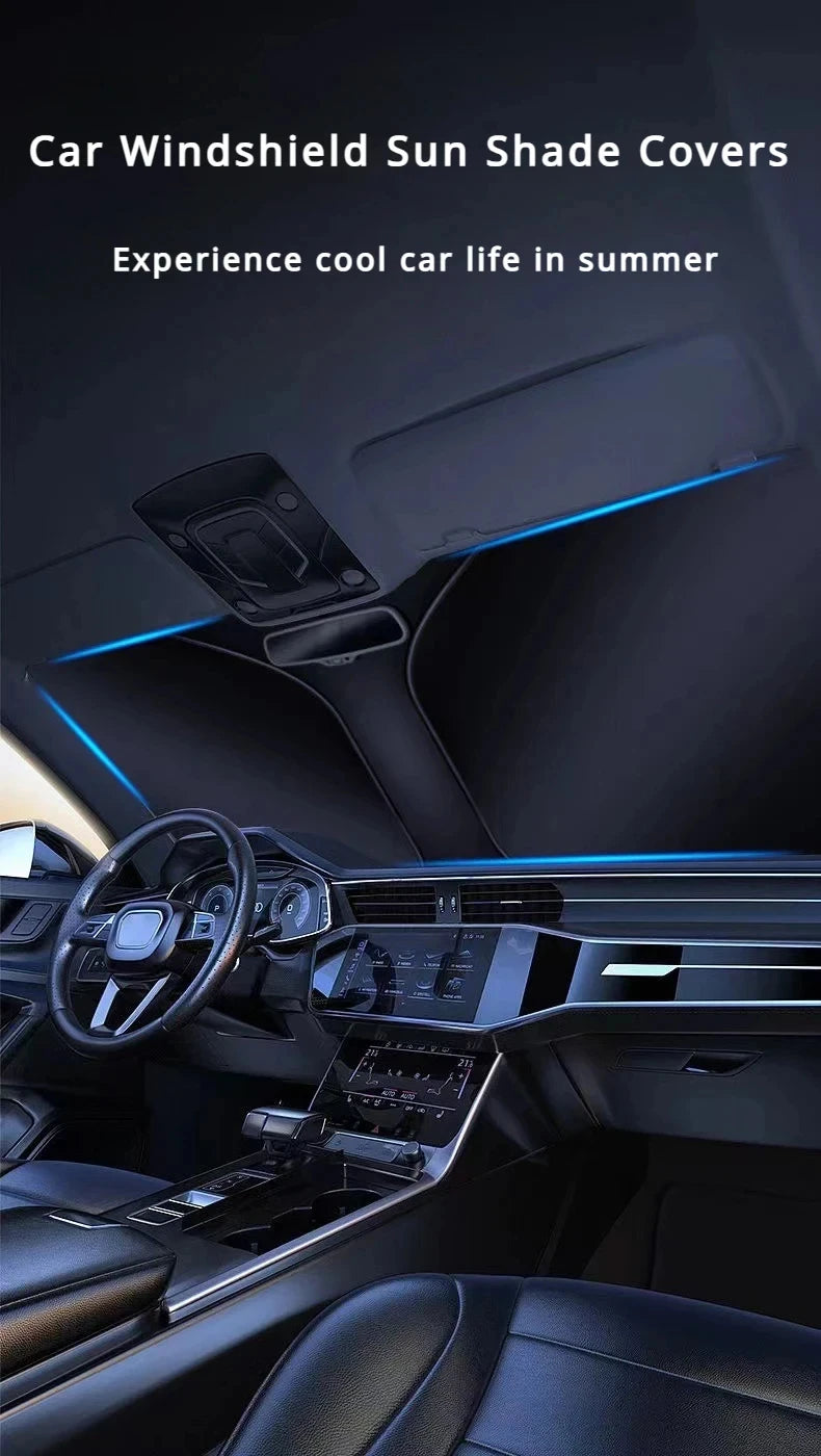 Interior view of a car showing blue LED light strips and a dashboard with a foldable windshield sun shade cover.