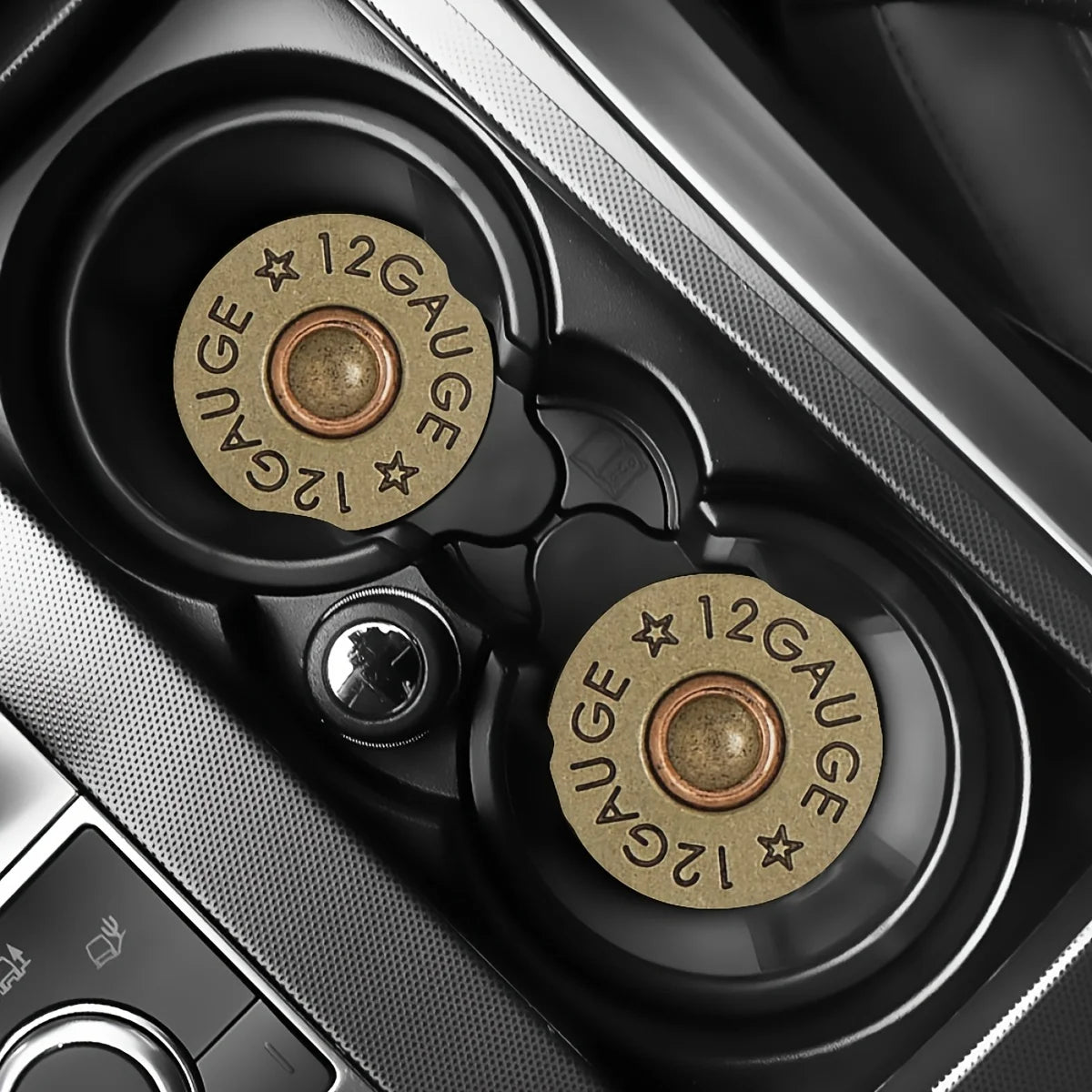Close-up view of two absorbent leather car cup holder mats with a star pattern and gauge markings.