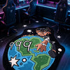 A cartoon rug featuring Juice WRLD 999 on a globe design in a gaming room setting.