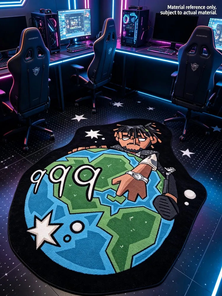 A cartoon rug featuring Juice WRLD 999 on a globe design in a gaming room setting.
