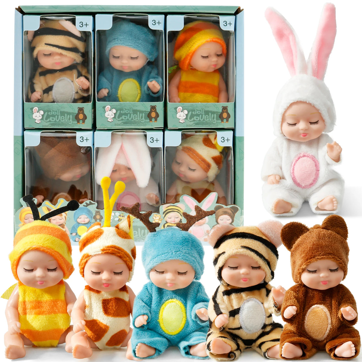 A collection of mini reborn baby dolls with various outfits and accessories displayed in packaging.
