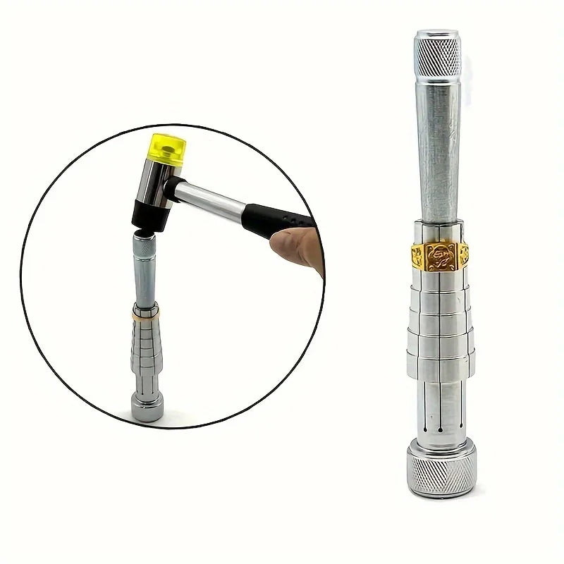 A silver ring expander and sizing kit with a hammer tool shown next to an inset view of the expander head.