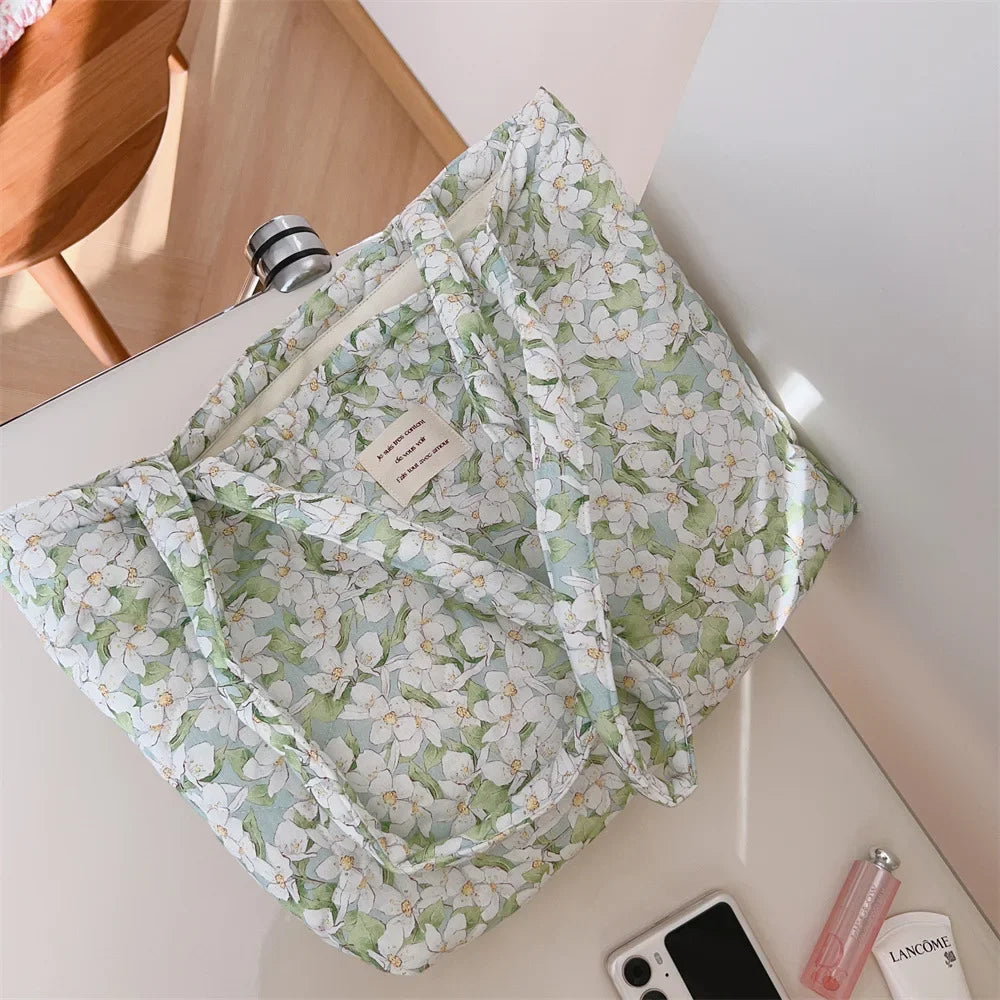 Quilted Floral Cotton Tote Bag with Padded Handle
