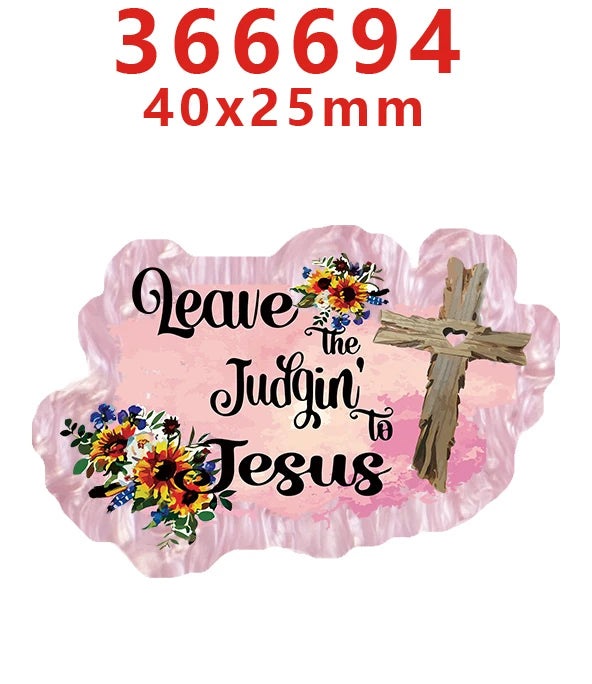 Pink acrylic hair bow decorations featuring a leaf design and a cross with floral accents.