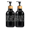 Black glass bottle with a bamboo pump dispenser for dish and hand soap.