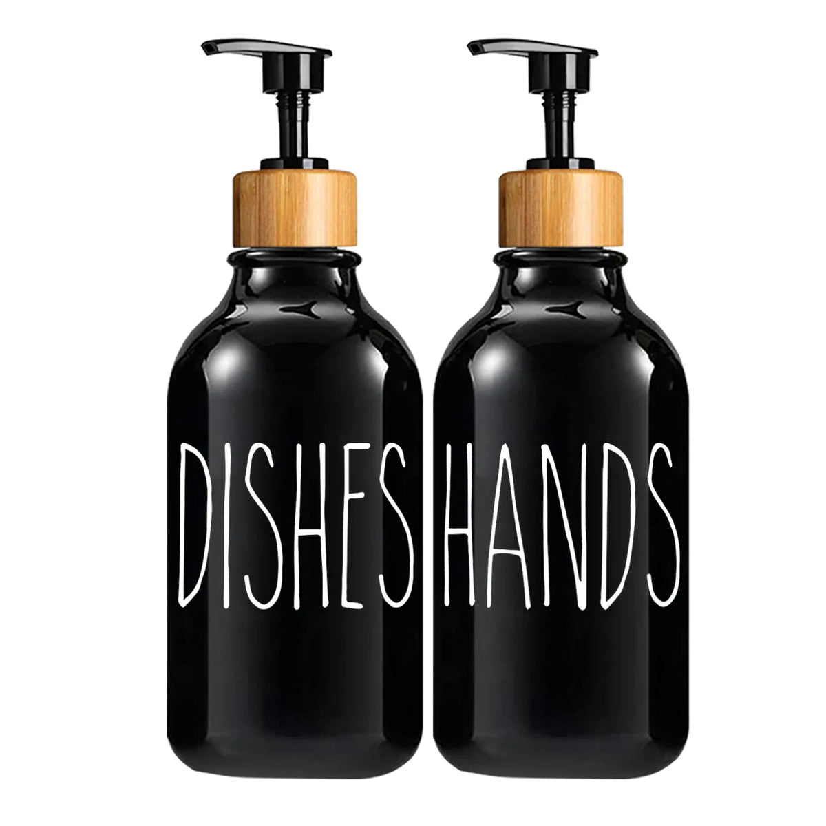 Black glass bottle with a bamboo pump dispenser for dish and hand soap.