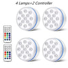 Four submersible LED pool lights and two controllers for underwater lighting.
